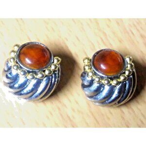 Vintage Earrings Silver Gold tone w/Honey Amber stone clip-on MADE IN USA 7/8"